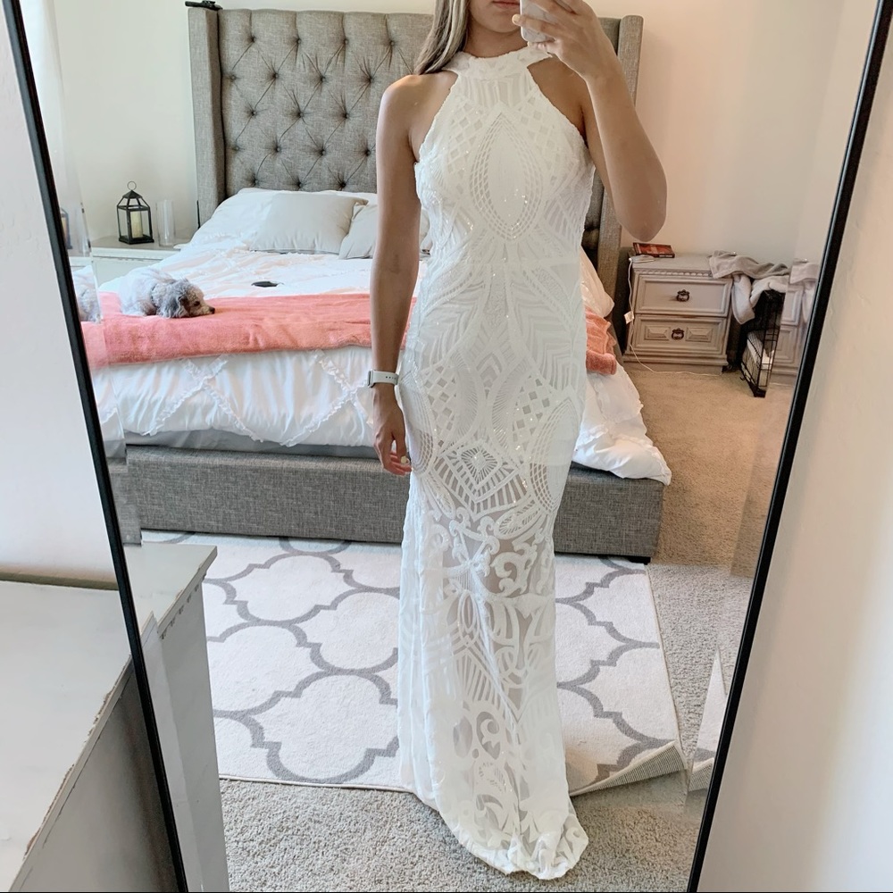 Banjul White Sequin Embellished Halter Maxi Dress